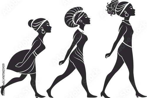 Three black silhouettes of women in profile, depicting stages of growth from childhood to adulthood, walking forward.
