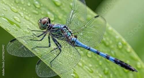 Dragonfly resting on a leaf with water droplets in a garden setting