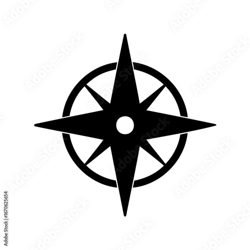 Black and white compass rose with circle and central dot icon