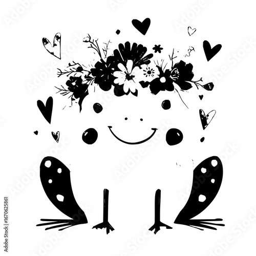 Cute frog with flower crown and hearts vector illustration animal amphibian nature wildlife happy design drawing art