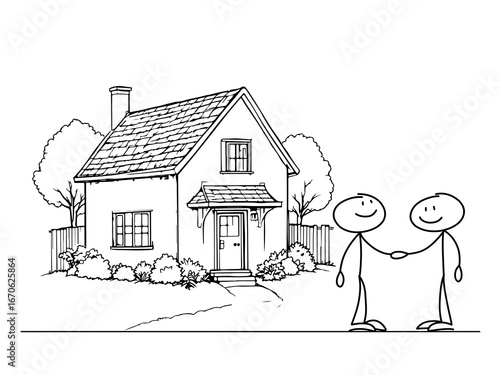 Successful Real Estate Agreement – Cartoon Home with Stick People