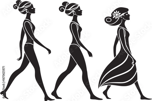 Three black silhouettes of women in profile, depicting stages of growth from childhood to adulthood, walking forward.
