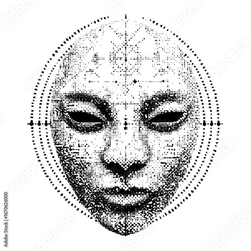Abstract face mask dotted halftone pattern digital art illustration graphic design black and white portrait drawing