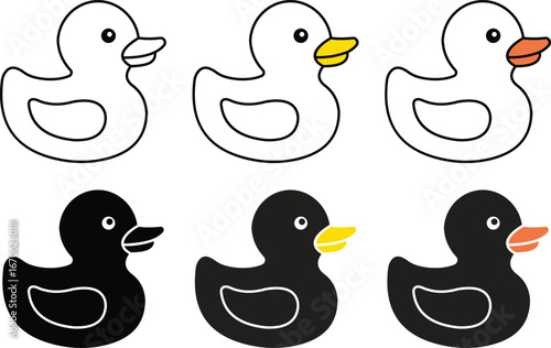 Rubber duck silhouette icon set. Classic black rubber duck toy icon collection, isolated on transparent background. Rubber duck icon vector illustration design.