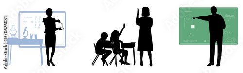 Back to school. Teacher and pupils silhouettes with school items on white background. Vector illustration.	
