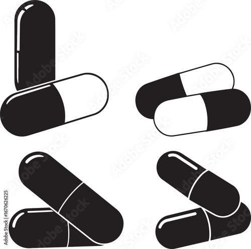 Four pairs of black and white capsule pills silhouette