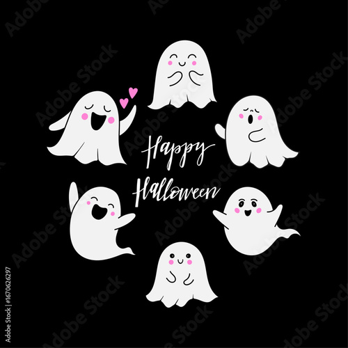 Cute illustration with six funny ghosts and Happy Halloween text. Festive spooky design on black background. Perfect for party invitations, greeting cards, posters, stickers, festive decoration.