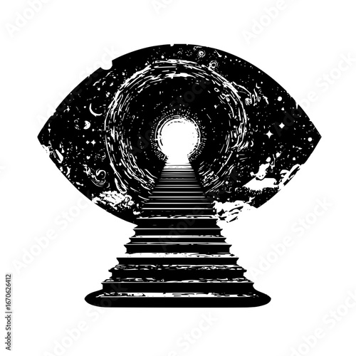 Eye stairs to heaven universe galaxy cosmos spiritual journey surreal black and white art illustration