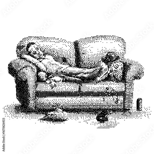 Man couch potato laziness relaxation sofa sleep lifestyle resting home comfort leisure tired exhausted couch