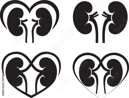 Four stylized kidney heart silhouettes silhouette