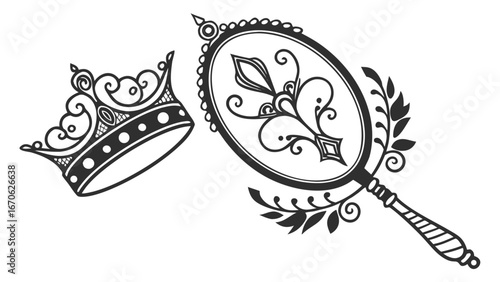 Ornate crown with jewels next to a decorative hand mirror with floral designs and leafy accents design