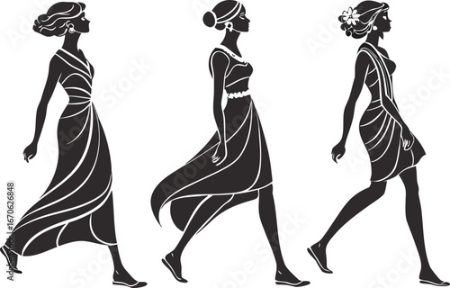 Three black silhouettes of women in profile, depicting stages of growth from childhood to adulthood, walking forward.