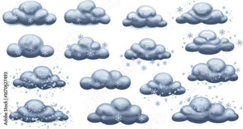 Vector Set of cloud with snowflakes and snow scraps
