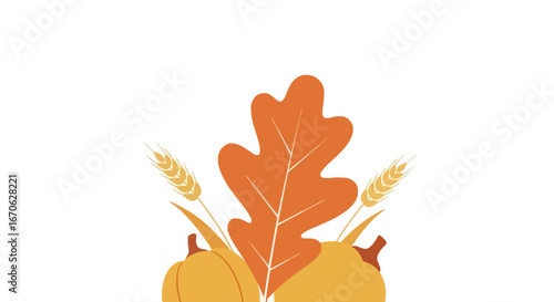 Warm Autumnal Vector Design With Pumpkins Wheat And Oak Leaf Illustration