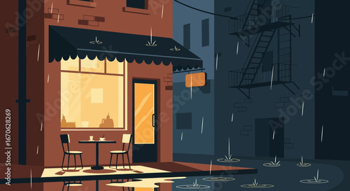 Warm Light From Restaurant On Rainy City Street Vector Illustration
