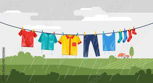 Wet Clothes Hanging on a Clothesline in the Rain, Landscape Vector Illustration