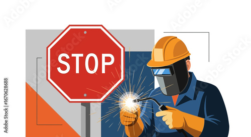 Welder At Work Near A Stop Sign Illustrating Safety And Caution In Construction Sites