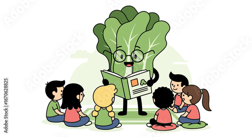 Whimsical Bok Choy Teacher Reading Aloud To Adorable Group Of Young Students
