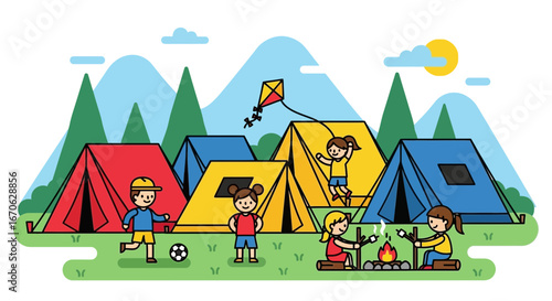 Whimsical camping illustration depicting joyful children enjoying outdoor activities among colorful tents