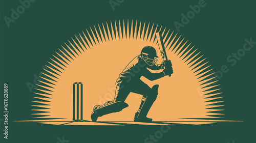 A silhouette of a cricket player batting with sun rays and wickets in a green and yellow design
