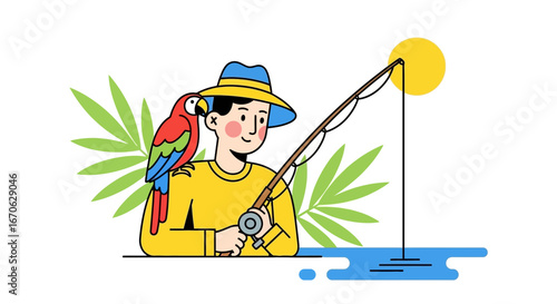 Whimsical fishing adventure with a parrot companion under the summer sun illustration