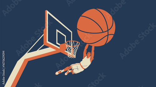 A basketball player hangs from the net after a successful dunk with a basketball in the air above him