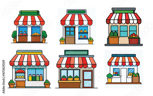 Six Small Shop Illustrations Red White Striped Awnings