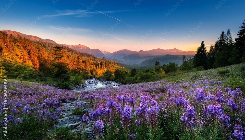 Fototapeta premium vibrant purple flowers bloom in a serene landscape at twilight near a tranquil forest