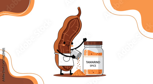 Whimsical Tamarind Pod Person Sprinkling Spices into a Glass Jar for Culinary Projects