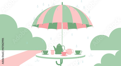 Whimsical Tea Party Under the Umbrella in the Rain with Flat Design