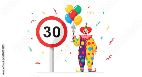 Whimsical Thirtieth Milestone Celebration With Cheerful Clown And Bright Balloons