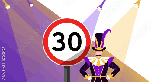 Whimsical Thirtieth Celebration With Jester Under Spotlight Anniversary Concept