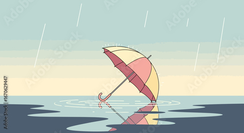 Whimsical Umbrella in the Rain: A Serene Depiction of Solitude and Reflection