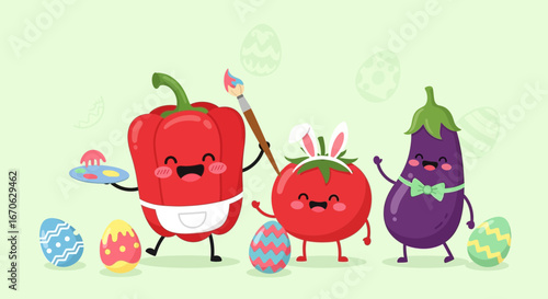 Whimsical Vegetables Celebrating Easter with Colorful Painted Eggs and Playful Expressions