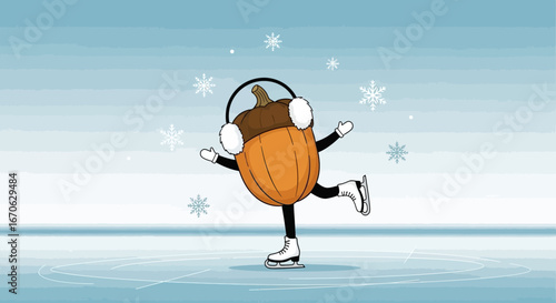Whimsical Winter Acorn Enjoying Ice Skating With Earmuffs And Snowflake Elements