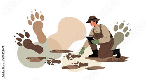 Wildlife Biologist Tracking Animal Footprints Illustration Concept Design