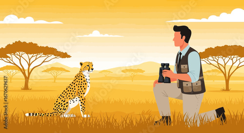 Wildlife Expedition Depicts an Adventurer Observing a Cheetah in African Savannah