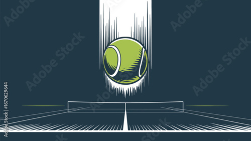 A tennis ball falling towards a tennis court with motion lines in a stylized cartoon style image format