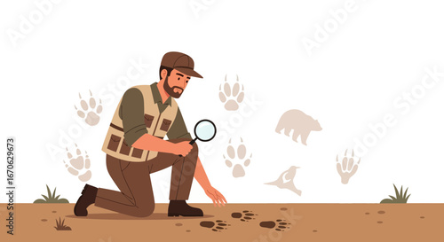 Wildlife Expert Analyzing Animal Tracks With Magnifying Glass In Natural Habitat