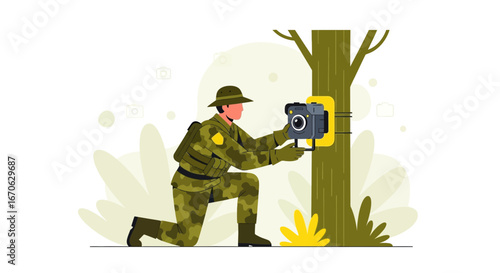 Wildlife Observer Installing A Trail Camera In The Forest For Monitoring