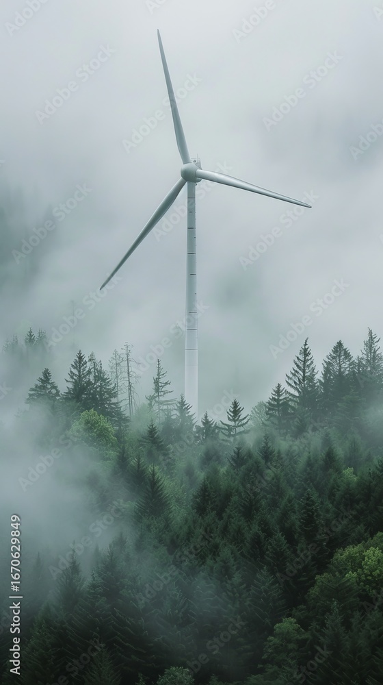 Wind turbine towering above foggy forest, promoting sustainable energy and eco-friendly solutions Wind turbine towering above foggy forest, promoting sustainable energy and eco-friendly solutions