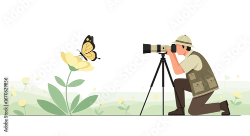 Wildlife Photographer Capturing Butterfly On Flower With Telephoto Lens In Nature