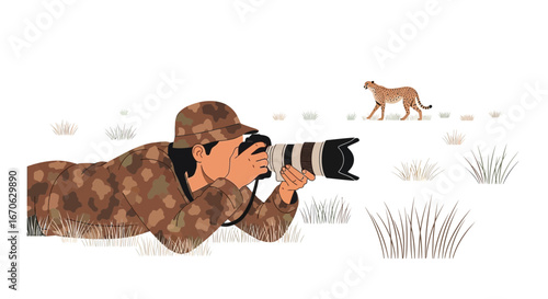 Wildlife Photographer Capturing Cheetah Image Lying In Wait In Natural Habitat
