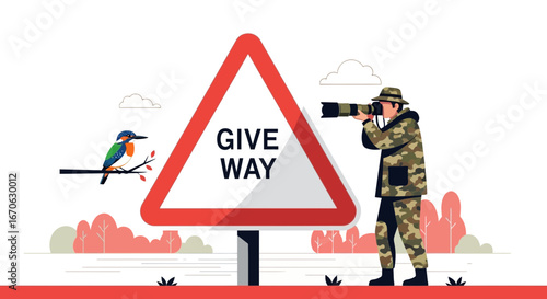 Wildlife Photographer Near Give Way Sign Capturing Kingfisher Bird Image