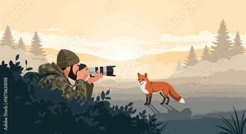 Wildlife Photography Hunter Capturing Fox Moment In Natural Environment Flat Design
