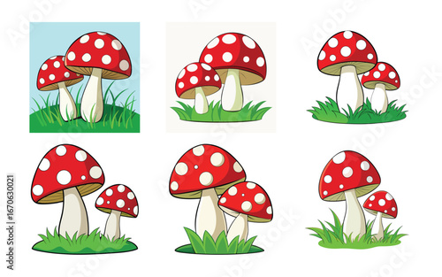 Six illustrations of red and white mushrooms in grass