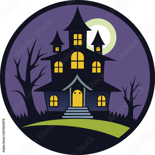 Haunted House Inside Circular Emblem Clean White