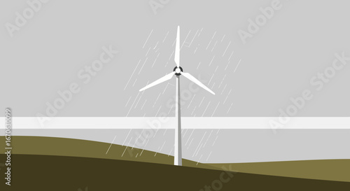 Wind Turbine Silhouetted Against Sky in a Rainy Weather Countryside Scenario