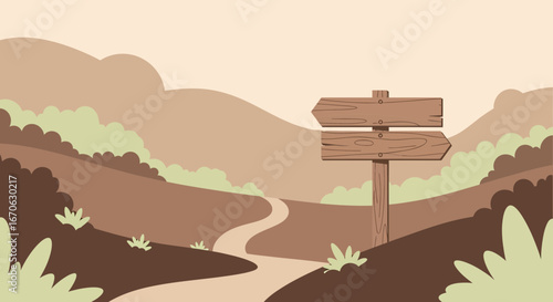 Winding Path Through Hills With Wooden Directional Sign Illustration