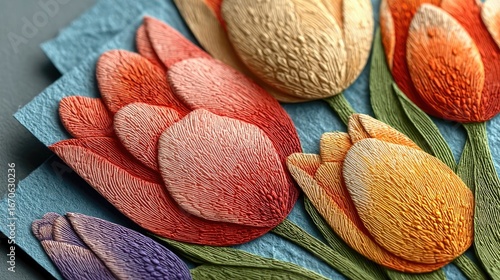 Greeting card with tulips on light blue background for Teacher's Day